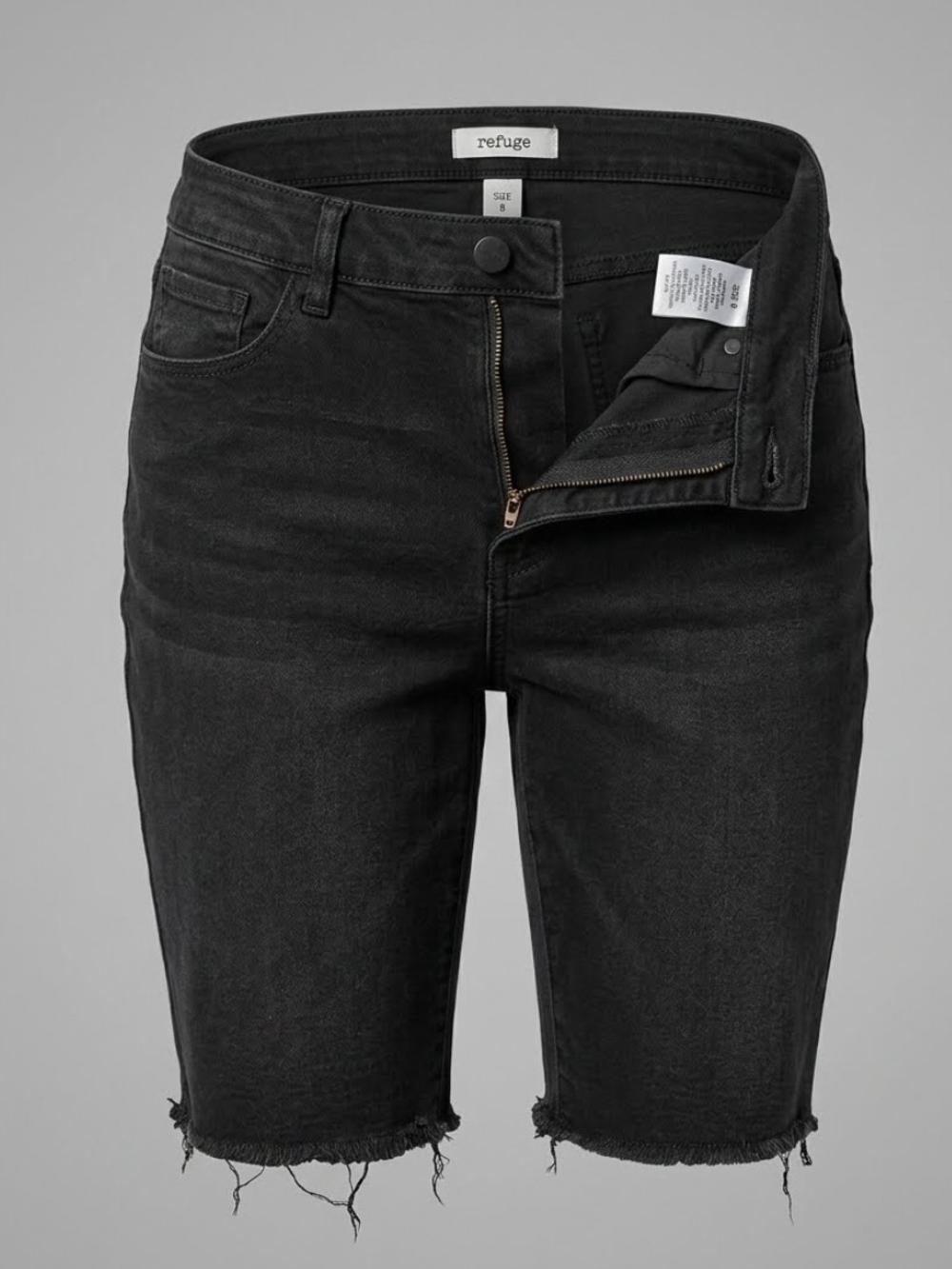 Refuge Black Raw-Hem High-Rise Denim Bermuda Shorts,  Size 14